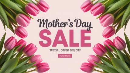 Beautiful pink tulips frame a mother s day sale announcement with discount details