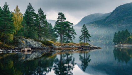 Misty lake, reflected trees, autumnal forest