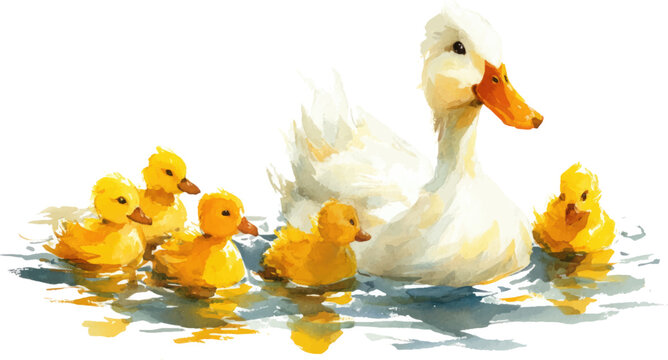 A mother duck with her ducklings in the water, simple children's book illustration style, 