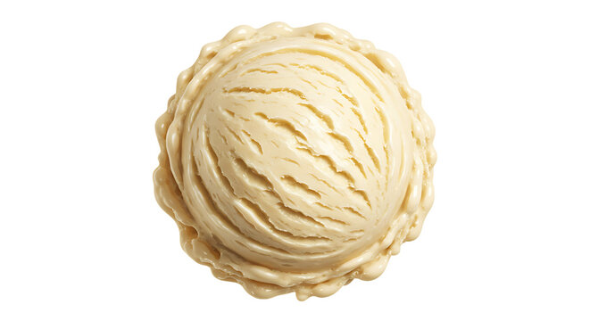 Topdown view of a vanilla ice cream scoop isolated on transparent background, highlighting its smooth texture, creamy color, and perfect round shape