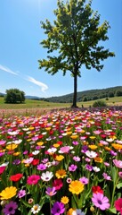 Sun-drenched meadow bursting with vibrant wildflowers, a solitary tree standing tall amidst a sea of blossoms, blooming, field