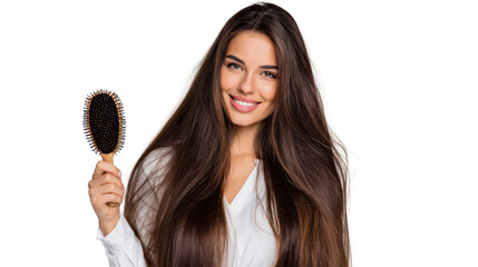 Smiling woman holding a hairbrush, showcasing healthy long hair against a white isolated background.
