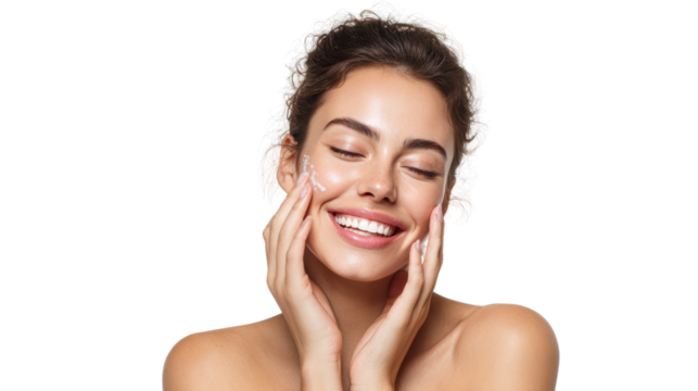 Smiling woman enjoying skincare routine, hands on face, natural beauty, white isolated background.