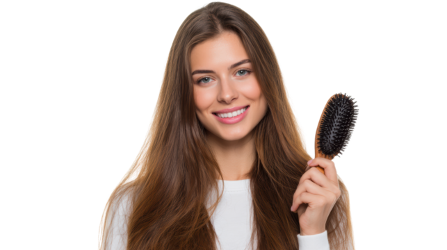 Smiling woman holding a hairbrush, vibrant hair, bright expression, isolated background.