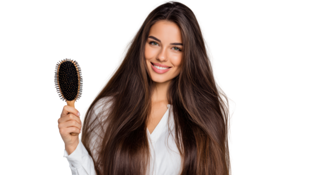 Smiling woman holding a hairbrush, showcasing healthy long hair against a white isolated background.