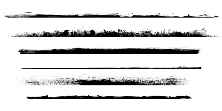 Four grunge brush stroke lines isolated on transparent background, abstract artistic elements for design