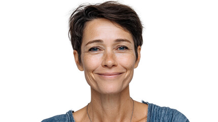 Smiling woman with short hair, showcasing happiness and warmth against a white isolated background