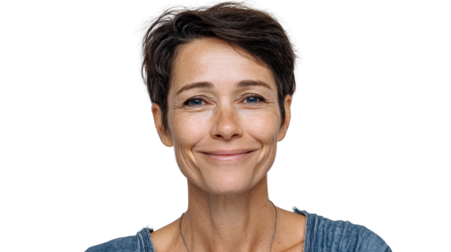 Smiling woman with short hair, showcasing happiness and warmth against a white isolated background