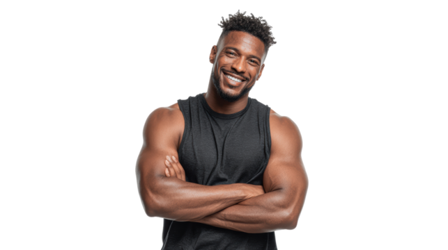 Smiling young man with muscular arms, wearing a sleeveless shirt, standing confidently with crossed arms.