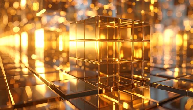 Golden Cube Sculpture in a Reflective Interior with Warm Light - Powered by Adobe