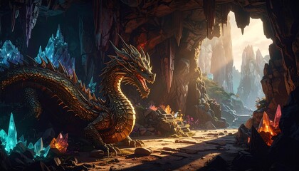 Golden dragon guards cave entrance filled with crystals and light