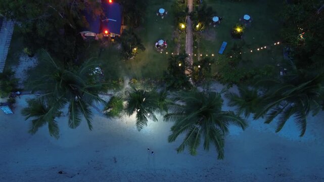 Overhead twilight view above Port Barton beach in Palawan with palm trees garden lights and two people on pale sand near the dark shoreline