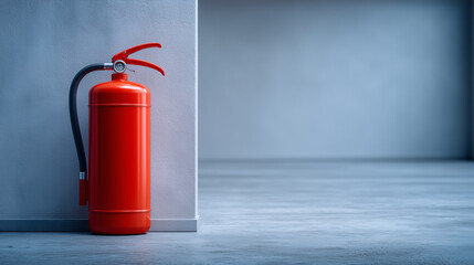 Fototapeta premium Bright red fire extinguisher in cabinet, white wall corridor, illuminated softly, focus on emergency preparedness