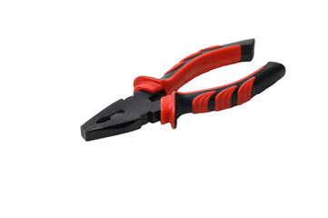 Metal pliers with red plastic handles isolated on white background