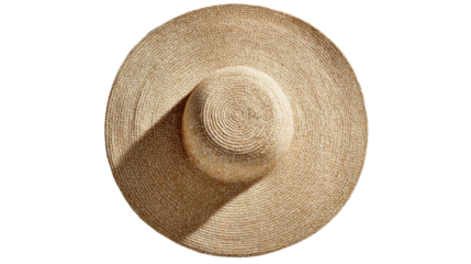 Wide-brimmed straw hat, top view, minimalistic style, perfect for summer fashion and sun protection.