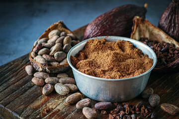 Close-up of Natural cocoa powder with brown cocoa beans and dry cacao nibs