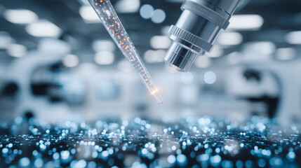 Close-up scientific handling of DNA, pipettes and tubes sharp, background microscope and computer soft, lab testing focus