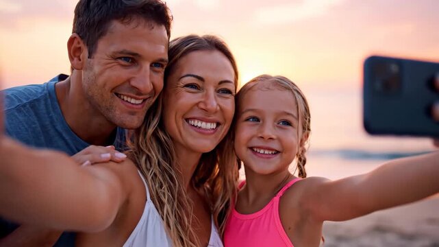 Family Takes a Selfie at the Beach During Sunset in California