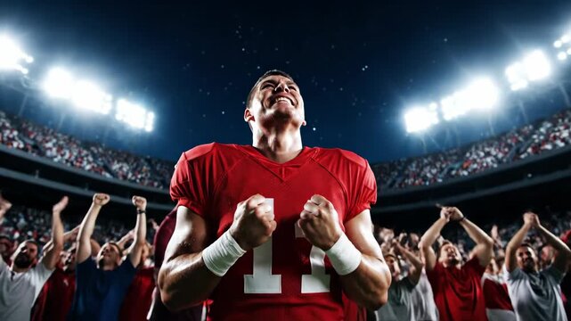 Triumphant American football player screams in celebration after a victory. Low angle shot of an athlete in a packed stadium at night. Success and achievement in sports concept