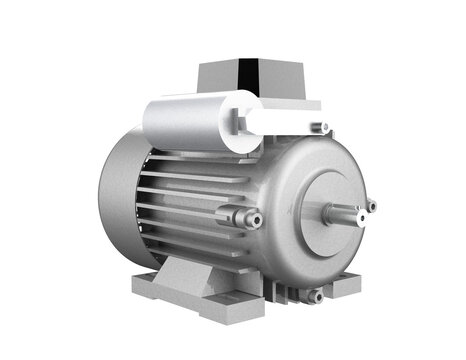 Detailed 3D render of a high-resolution silver industrial electric motor component, a heavy-duty ACDC machine part. Isolated on a PNG transparent background for mechanical engineering projects and DIY