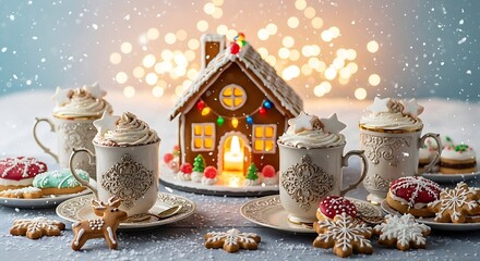 A festive Christmas scene with a glowing gingerbread house, mugs of hot chocolate, and assorted holiday cookies on a snowy table.