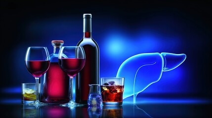 Blue-Tinted Alcohol Array with Human Liver Silhouette, Illustrating the Effect of Alcohol on Liver Health