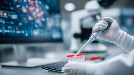 Lab scene, hands with microcentrifuge tubes and pipettes, softly blurred microscope/computer, precision laboratory work