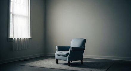 Minimalist blue upholstered armchair by sheer window in moody natural light.