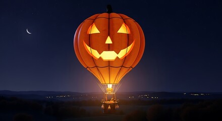 Halloween pumpkin hot air balloon floating in the night sky with a crescent moon