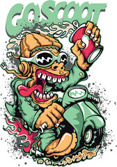 Lowbrow Kustom Kulture Crazy Scooter Monster Graphic Art Illustration transparent editable vector for t-shirt mug wall stickers wallpaper sticker design multipurpose use in high definition format