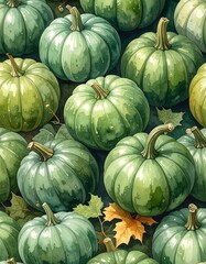 Green pumpkins in a pile