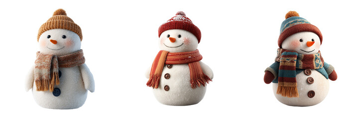 Set of Cute winter snowman with scarf and carrot nose on transparent png background. Ai generated