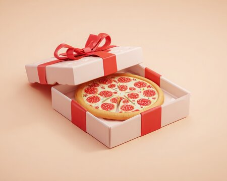 Festive pizza in flat 3D illustration gift box