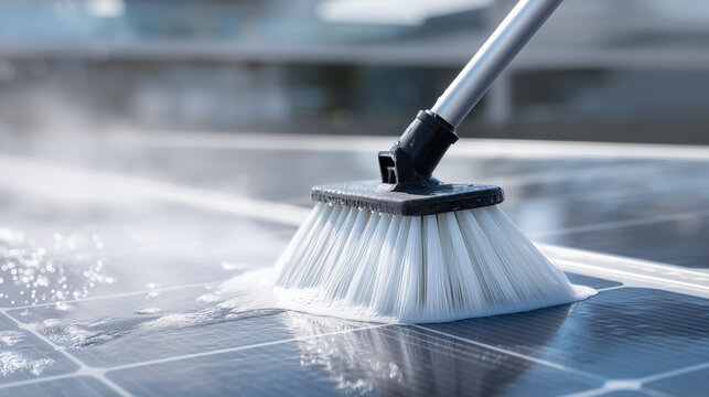 Close-up hand cleaning solar panel with brush, water droplets glistening, sunlight reflecting, outdoor maintenance