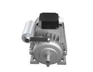 Naklejka premium Detailed 3D render of a high-resolution silver industrial electric motor component, a heavy-duty ACDC machine part. Isolated on a PNG transparent background for mechanical engineering projects and DIY