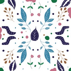 Seamless Floral Folk Art Pattern with Colorful Leaves and Flowers