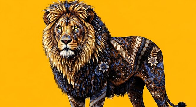 Regal ornate patterned lion digital illustration on vibrant yellow background.