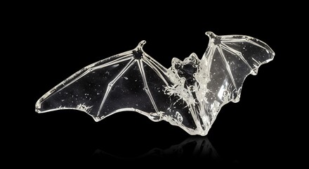 Naklejka premium Exquisite Clear Glass Bat Sculpture Isolated on Black Background, Translucent Crystal Art, Reflective Detail