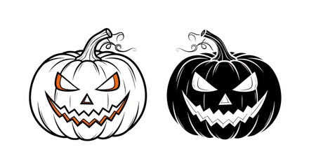 Two carved jackolanterns with menacing faces, one in black and white outline and the other in silhouette, displayed on a transparent background