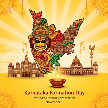 Vibrant karnataka formation day celebration with map and landmarks