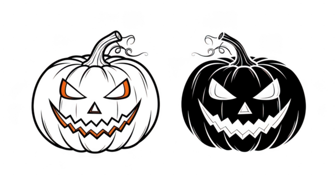Two carved jackolanterns with menacing faces, one in black and white outline and the other in silhouette, displayed on a transparent background