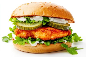 Delicious crispy chicken burger with pickles and lettuce on wooden board