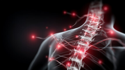 Modern medical vector of spine, glowing red pressure points, labeled vertebrae and nerves, injury and therapy concept