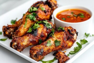 Crispy fried chicken wings with spicy dipping sauce and green onions garnish