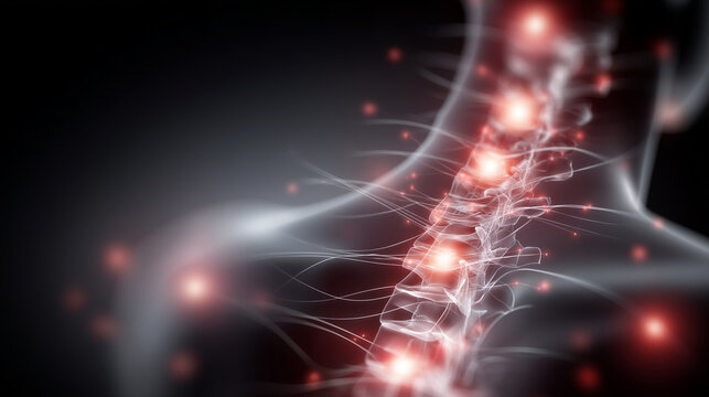 Modern medical vector of spine, glowing red pressure points, labeled vertebrae and nerves, injury and therapy concept