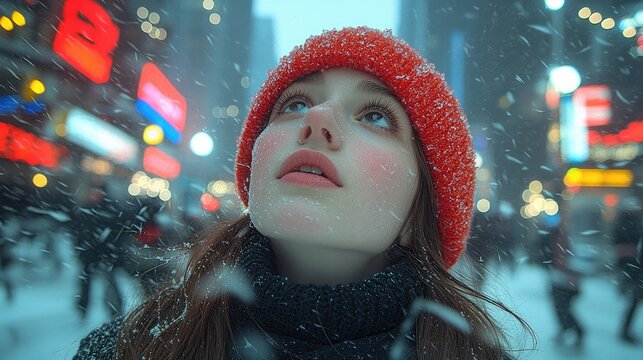 Young woman looking up in winter snow city scene