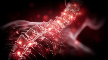 Anatomical spine graphic, glowing red pressure spots, labeled vertebrae and nerves, treatment and injury visualization