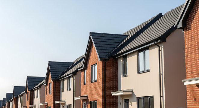 Row of newly built modern terraced houses with red brick and render facades under a clear blue sky in daytime