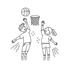 Basketball players on white background. Kids playing basketball vector illustration