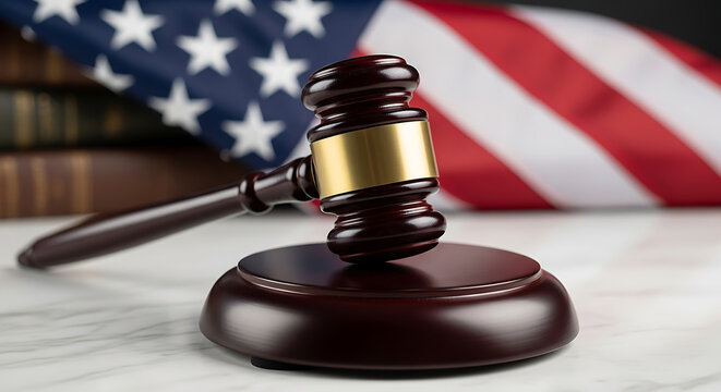 Wooden judge gavel resting on its sound block with an american flag in the background represents law and justice in the united states - Powered by Adobe